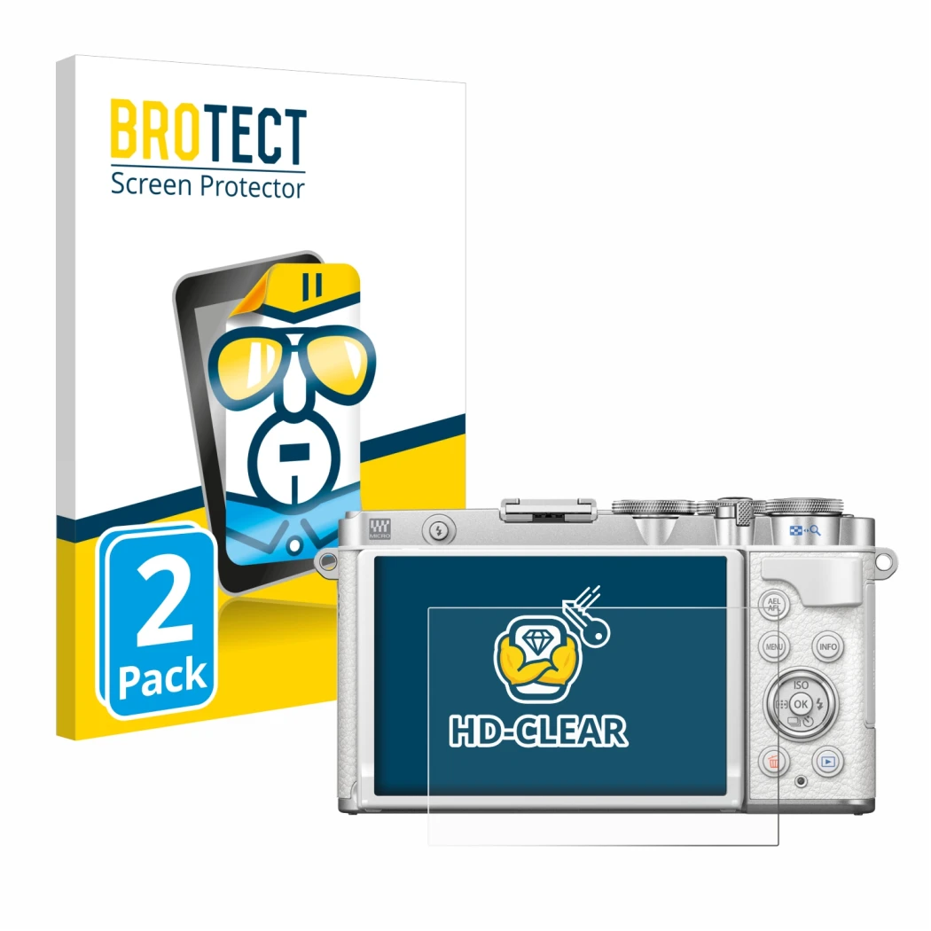 Front side of a product packaging with the brand logo BROTECT. Next to it is the device Olympus PEN E-P7 shown with the corres