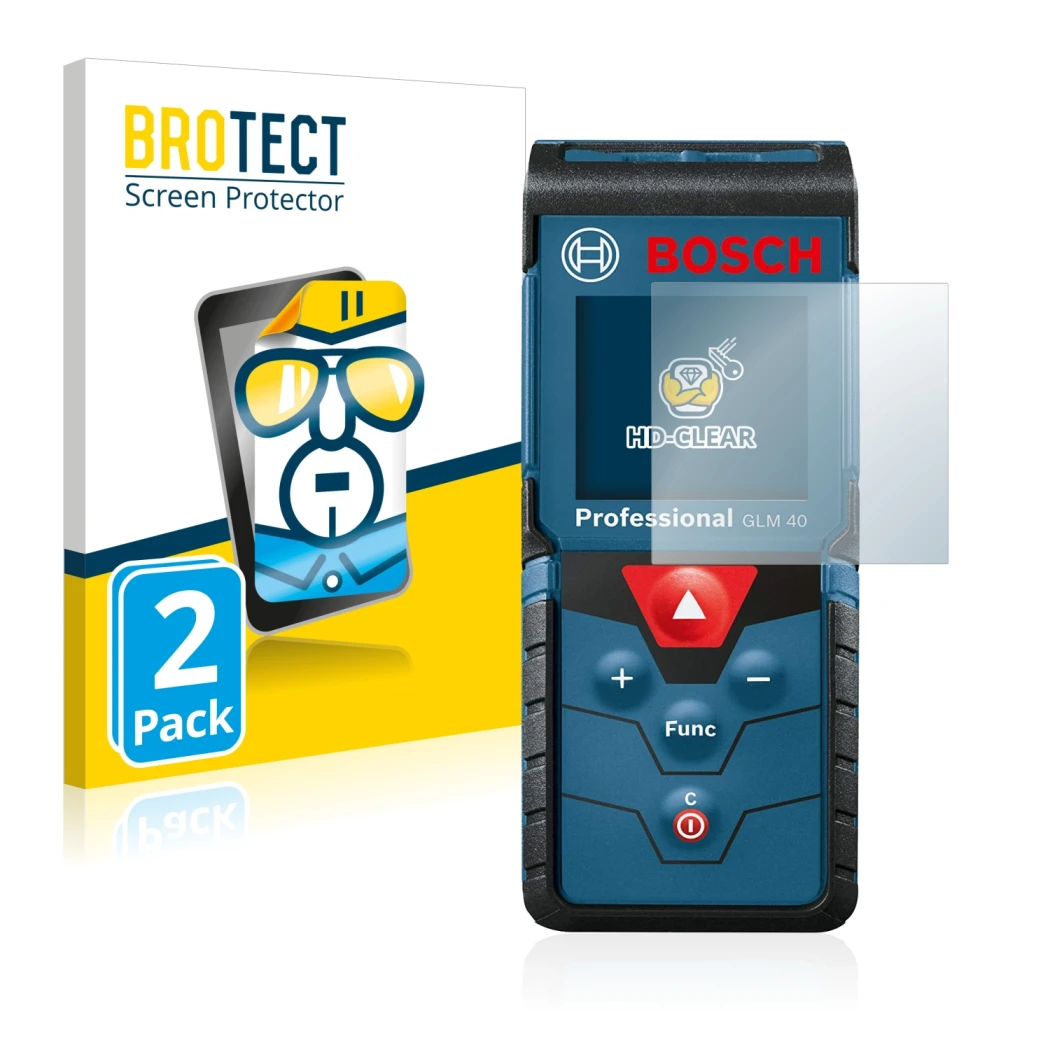 Front side of a product packaging with the brand logo BROTECT. Next to it is the device Bosch GLM 40 Professional shown with t