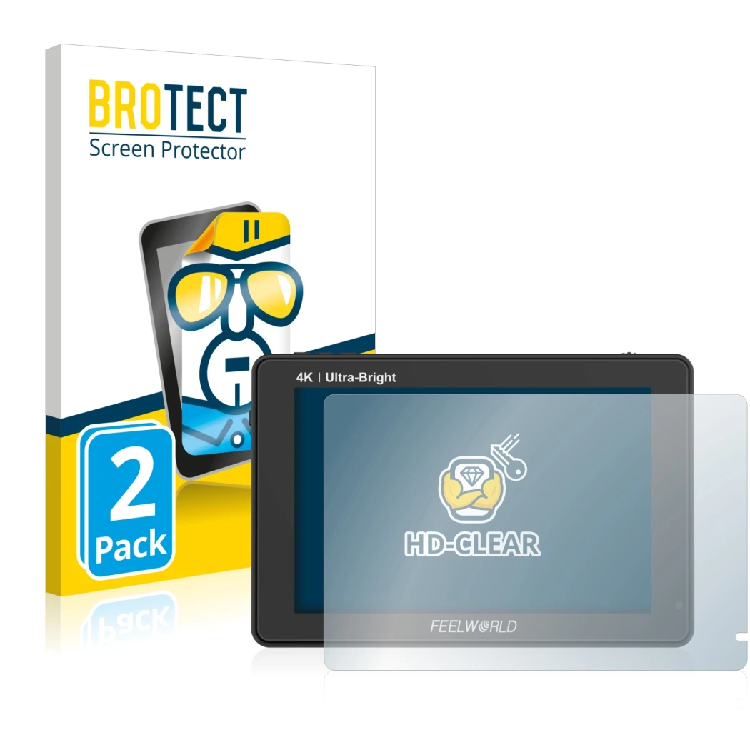 Front side of a product packaging with the brand logo BROTECT. Next to it is the device Feelworld LUT7 7