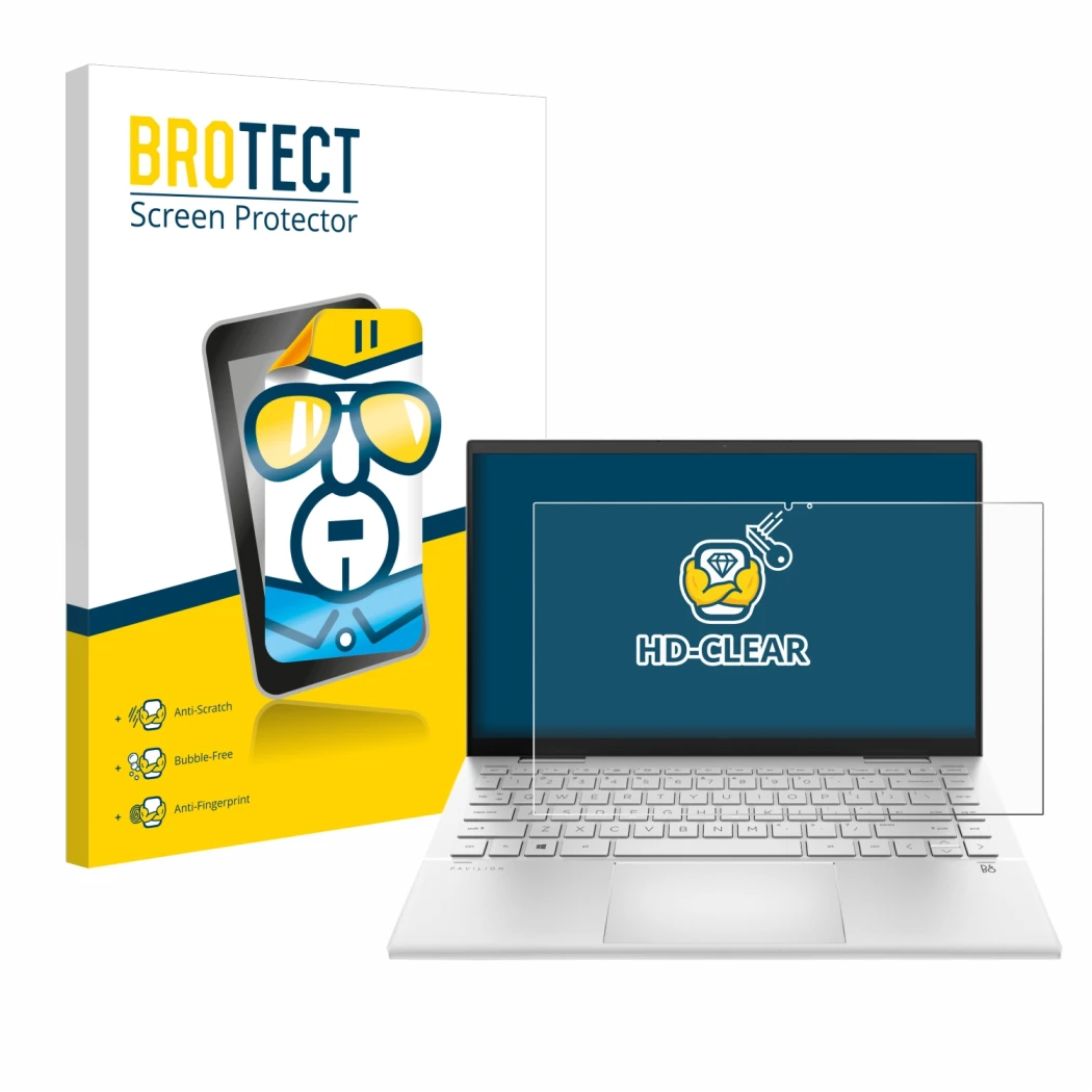 Front side of a product packaging with the brand logo BROTECT. Next to it is the device HP Pavilion x360 (14-dyX) shown with t