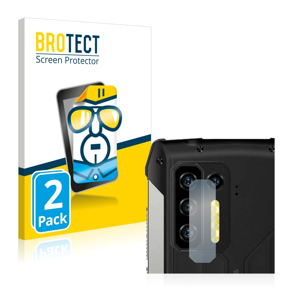 Front side of a product packaging with the brand logo BROTECT. Next to it is the device Ulefone Power Armor 13 (ONLY Camera Le