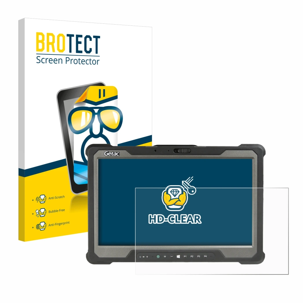 Front side of a product packaging with the brand logo BROTECT. Next to it is the device Getac A140 shown with the correspondin