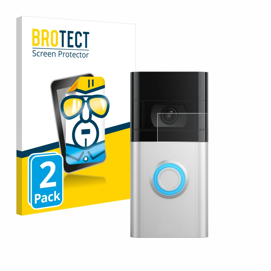 Front side of a product packaging with the brand logo BROTECT. Next to it is the device Ring Video Doorbell 4 shown with the c