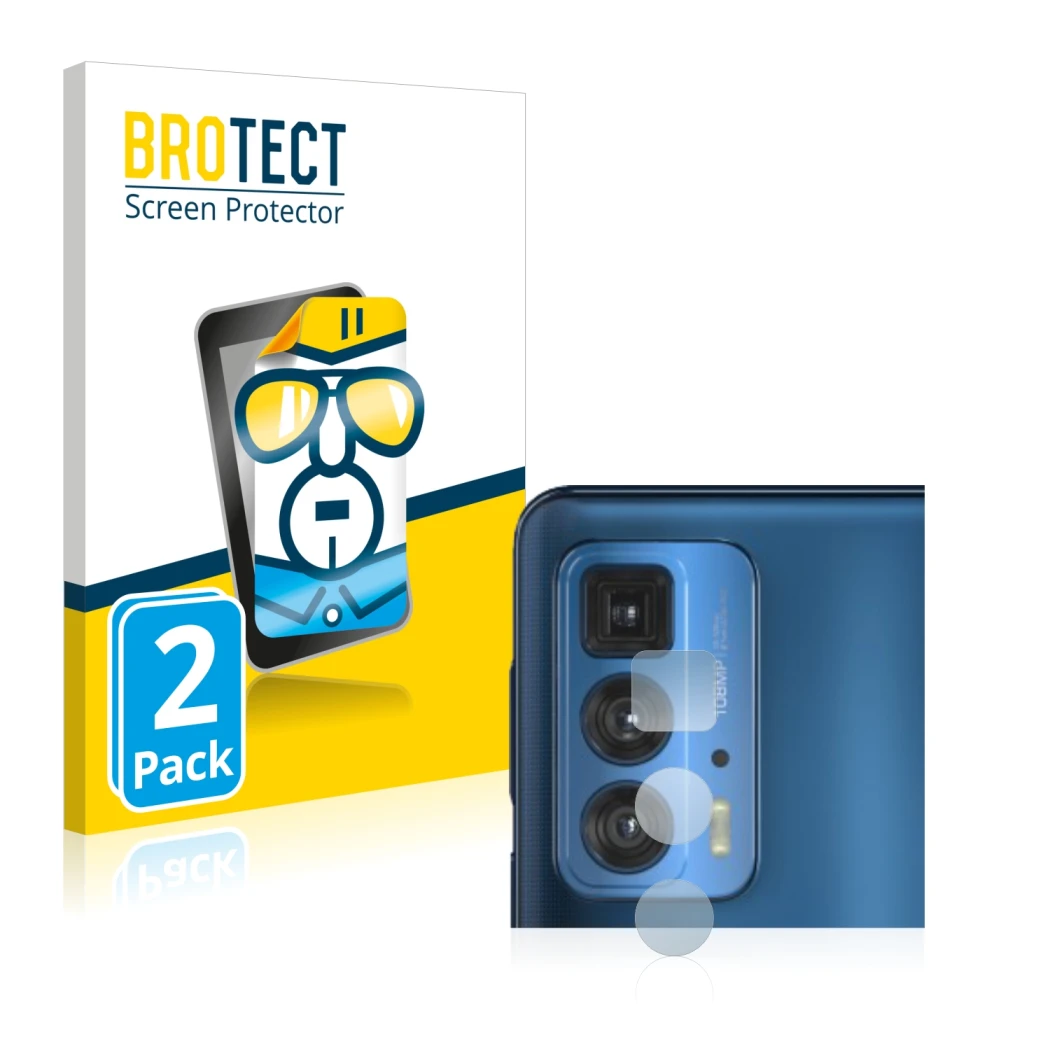 Front side of a product packaging with the brand logo BROTECT. Next to it is the device Motorola Edge 20 Pro (ONLY Camera Lens