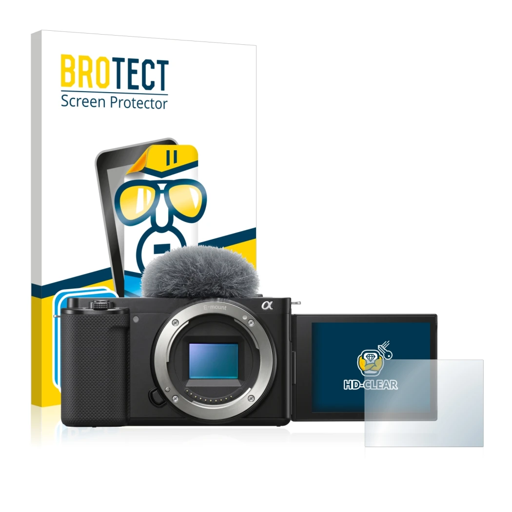 Front side of a product packaging with the brand logo BROTECT. Next to it is the device Sony Alpha ZV-E10 shown with the corre