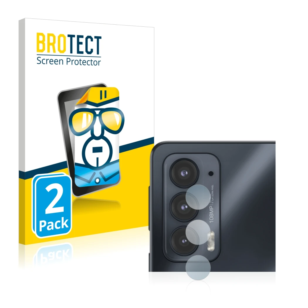 Front side of a product packaging with the brand logo BROTECT. Next to it is the device Motorola Edge 20 (ONLY Camera Lens) sh