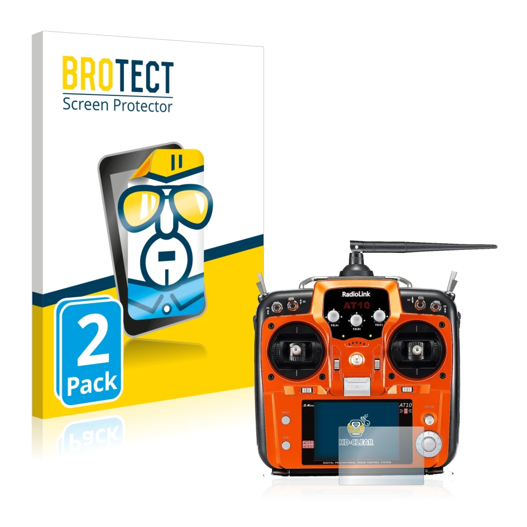 Front side of a product packaging with the brand logo BROTECT. Next to it is the device RadioLink AT10II shown with the corres