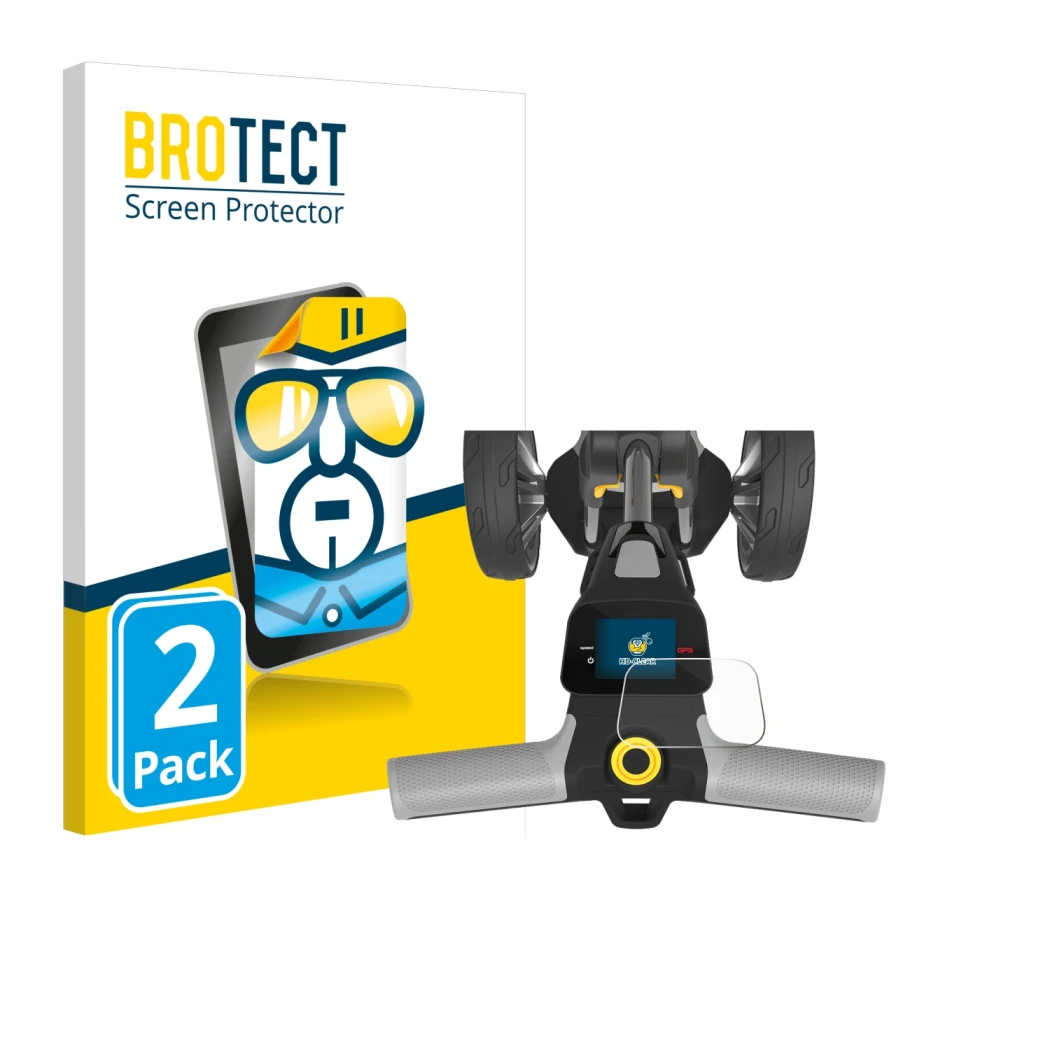 Front side of a product packaging with the brand logo BROTECT. Next to it is the device PowaKaddy CT6 GPS shown with the corre