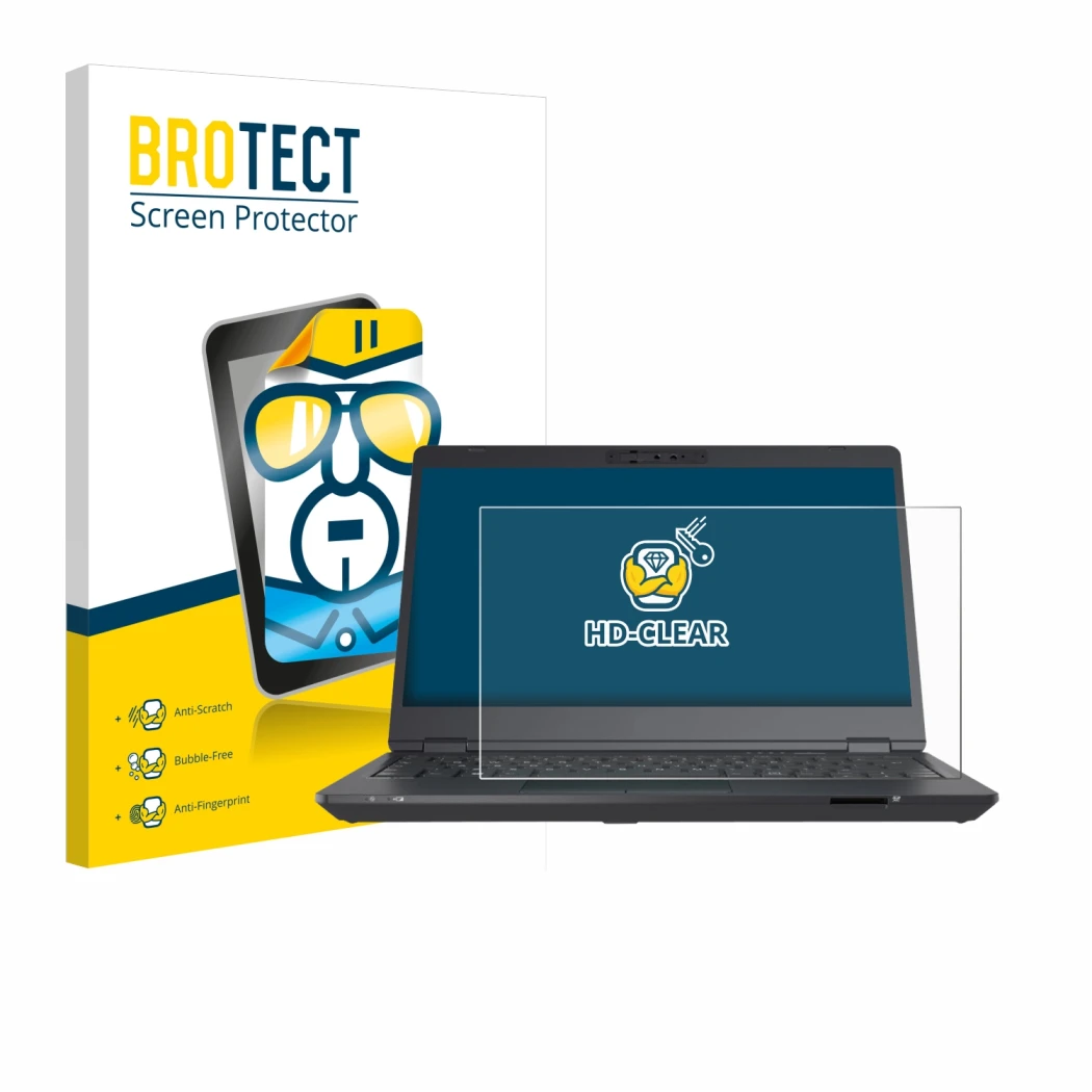Front side of a product packaging with the brand logo BROTECT. Next to it is the device Fujitsu Lifebook U7311 shown with the