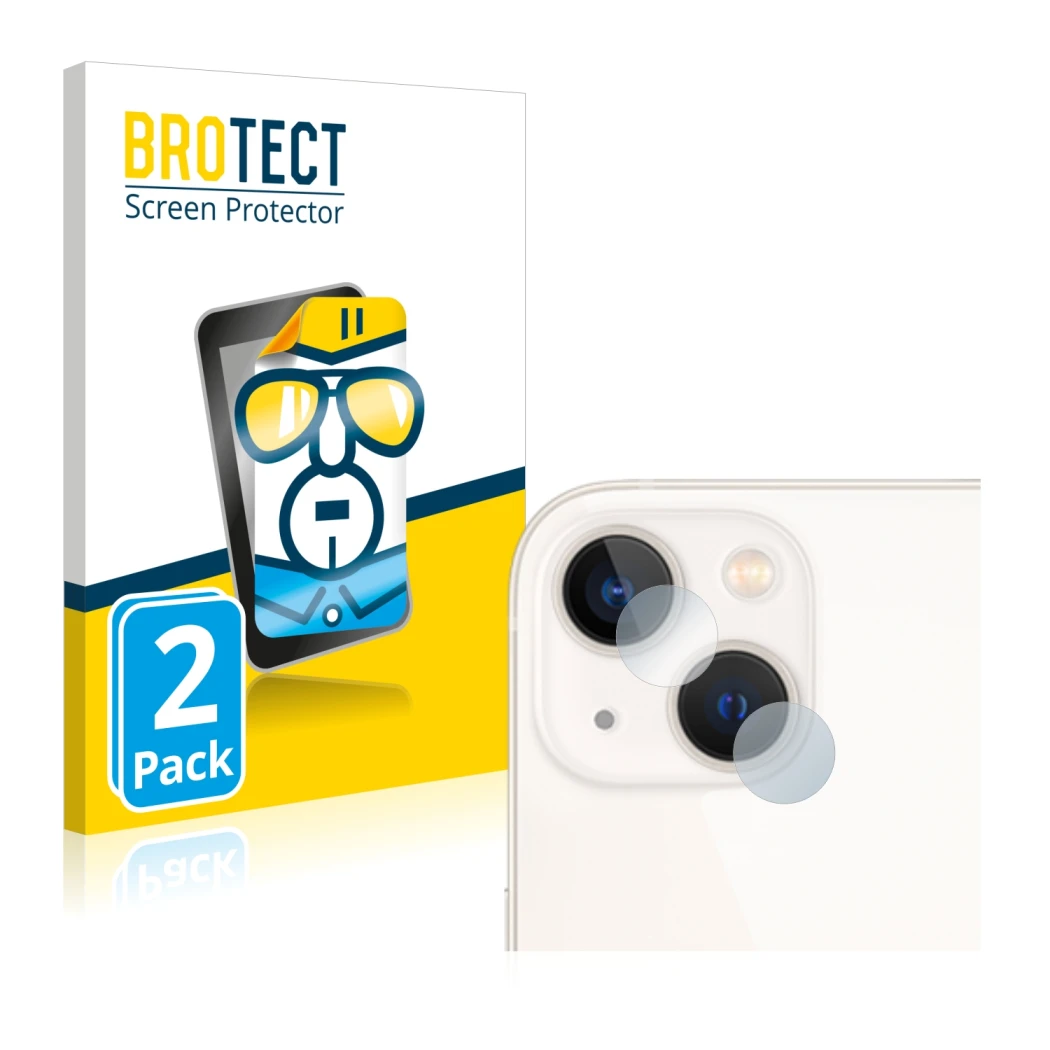 Front side of a product packaging with the brand logo BROTECT. Next to it is the device Apple iPhone 13 (ONLY Camera Lens) sho