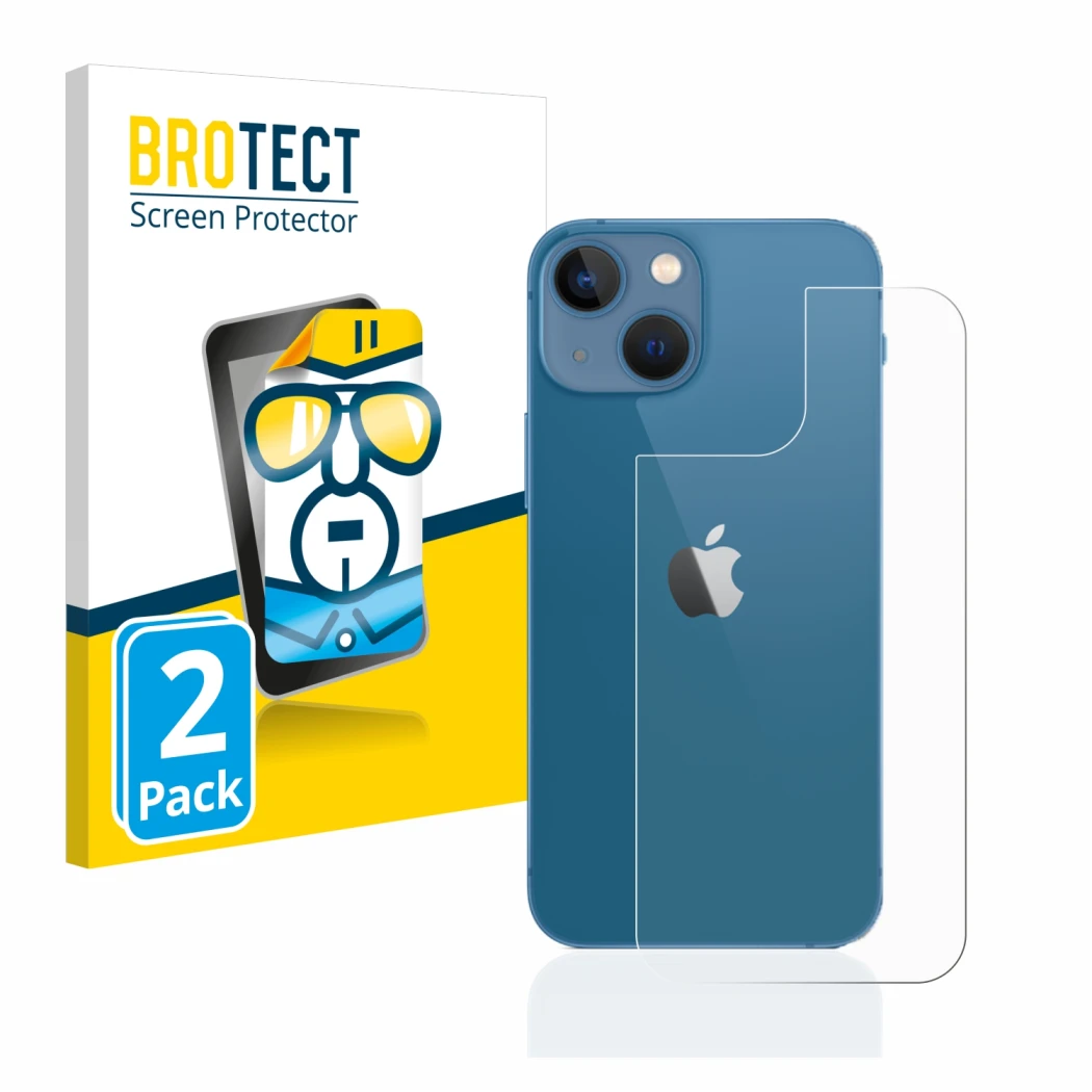 Front side of a product packaging with the brand logo BROTECT. Next to it is the device Apple iPhone 13 mini (Back) shown with