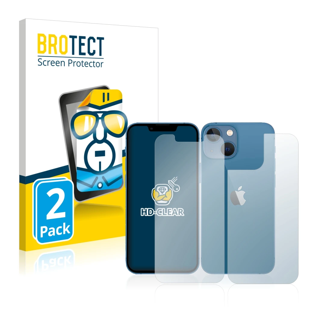 Front side of a product packaging with the brand logo BROTECT. Next to it is the device Apple iPhone 13 mini (Front+Back) show