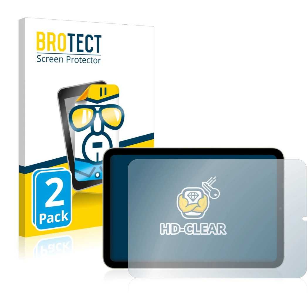 Front side of a product packaging with the brand logo BROTECT. Next to it is the device Apple iPad Mini 6 2021 (Landscape, 6nd
