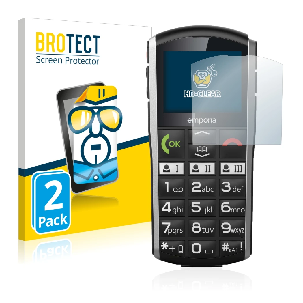 Front side of a product packaging with the brand logo BROTECT. Next to it is the device Emporia Simplicity shown with the corr