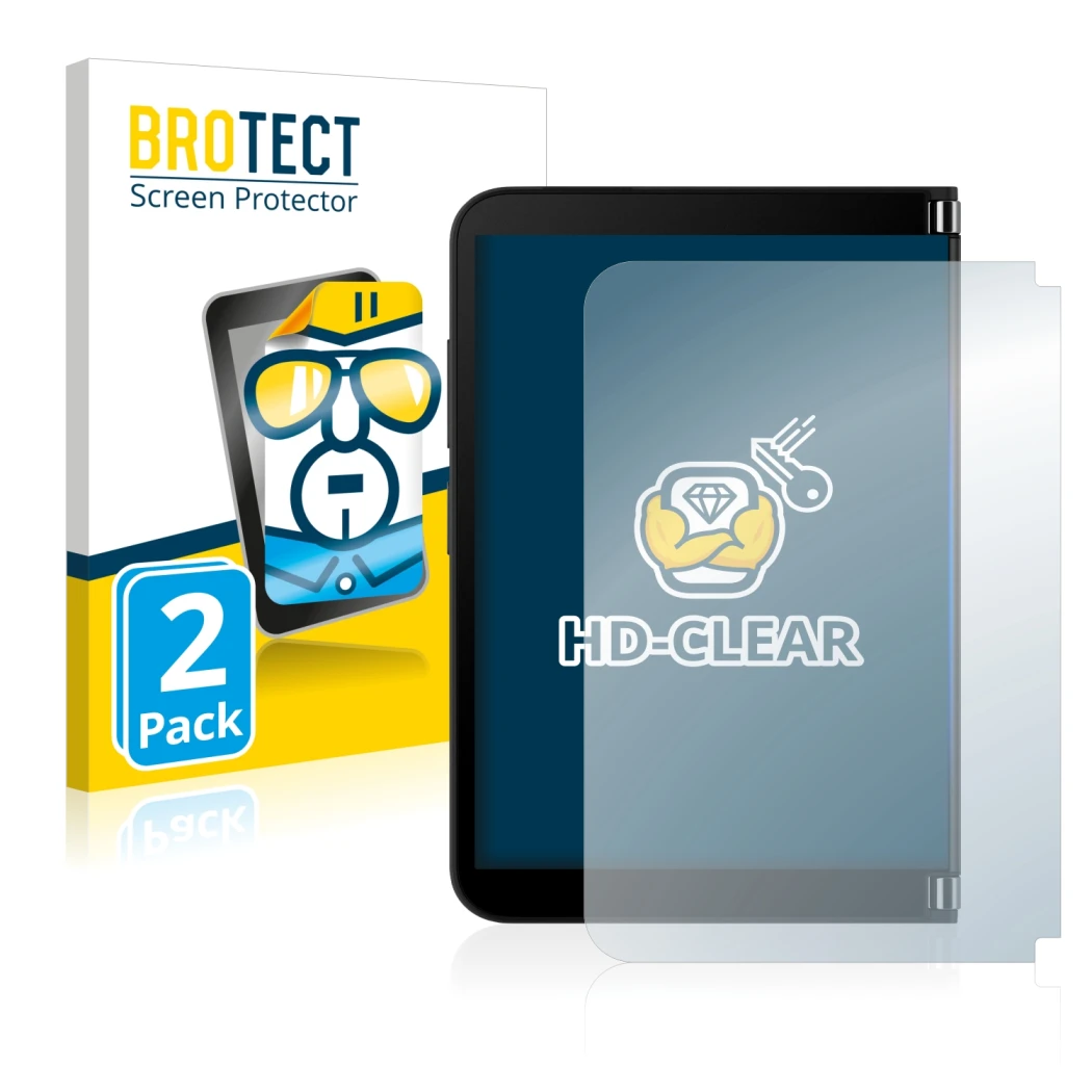 Front side of a product packaging with the brand logo BROTECT. Next to it is the device Microsoft Surface Duo 2 (Outer display