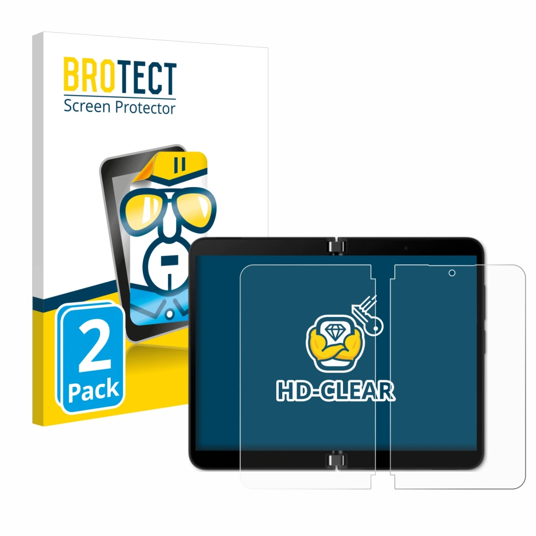 Front side of a product packaging with the brand logo BROTECT. Next to it is the device Microsoft Surface Duo 2 (Inner display