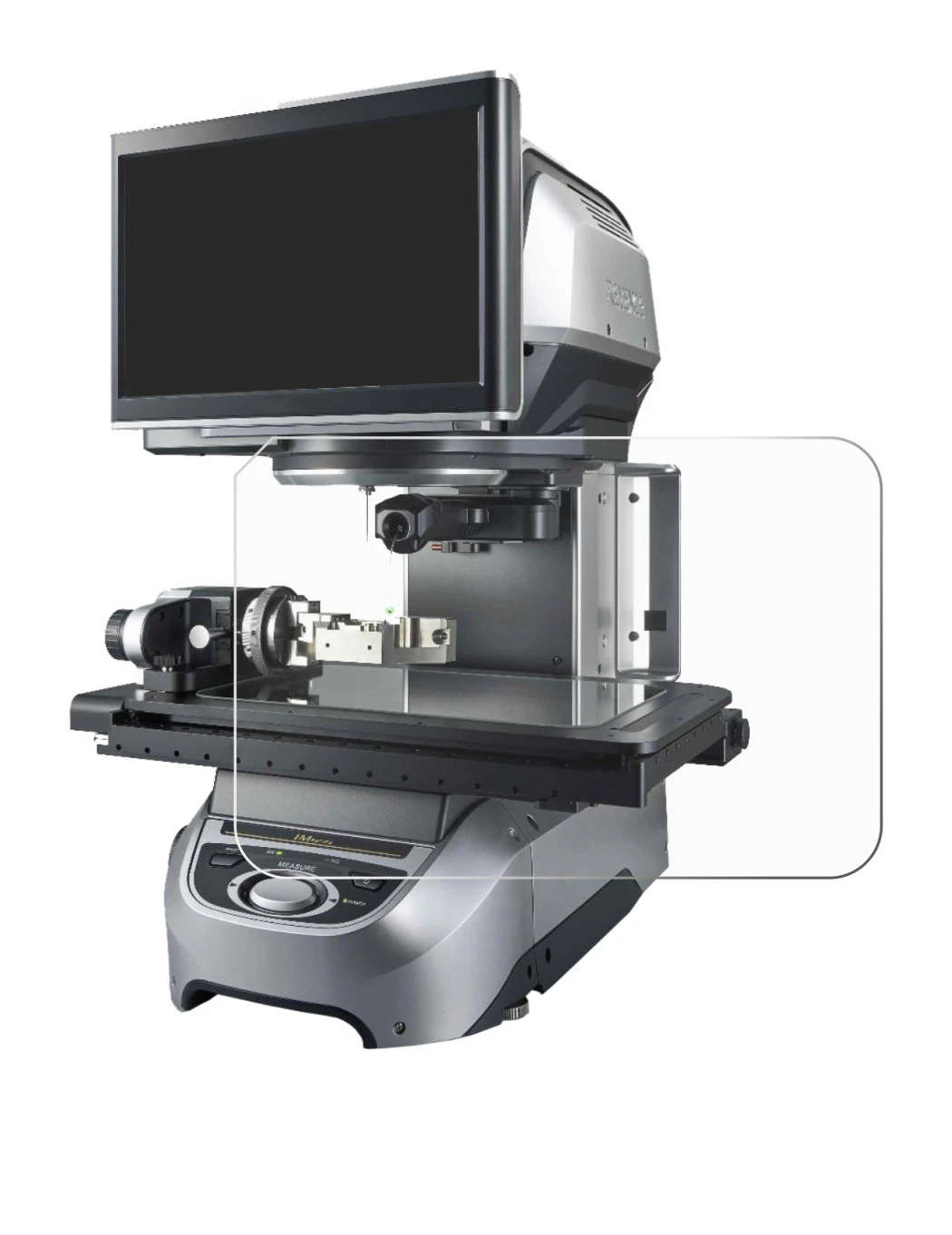 Image of the device Keyence IM-8030 Glass plate with a wide variety of screen protectors.