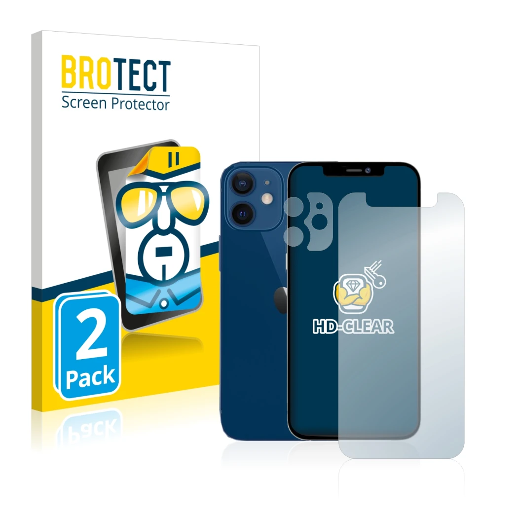 Front side of a product packaging with the brand logo BROTECT. Next to it is the device Apple iPhone 12 mini (Front+Camera) sh