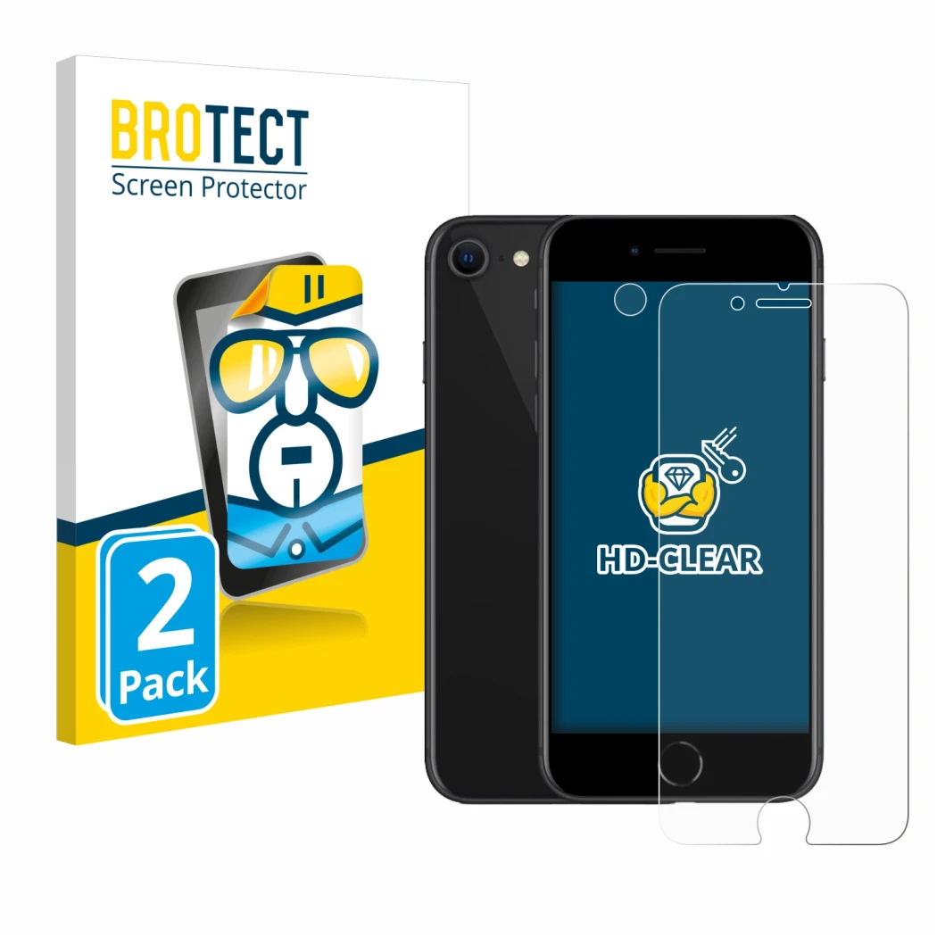 Front side of a product packaging with the brand logo BROTECT. Next to it is the device Apple iPhone SE 2 2020 (Front+Camera) 