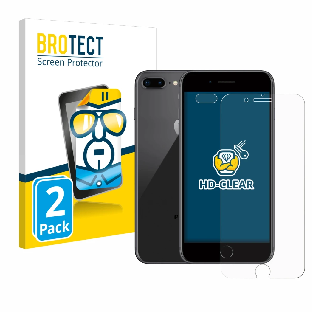 Front side of a product packaging with the brand logo BROTECT. Next to it is the device Apple iPhone 8 Plus (Front+Camera) sho