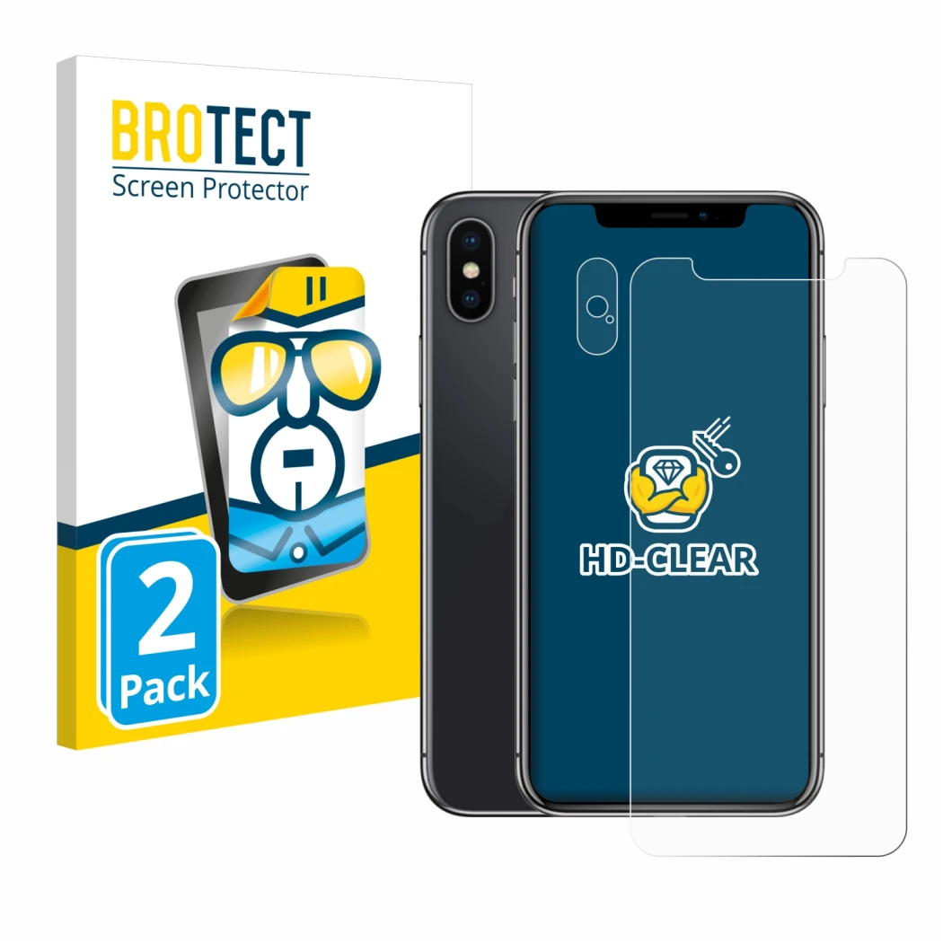 Front side of a product packaging with the brand logo BROTECT. Next to it is the device Apple iPhone X (Front+Camera) shown wi