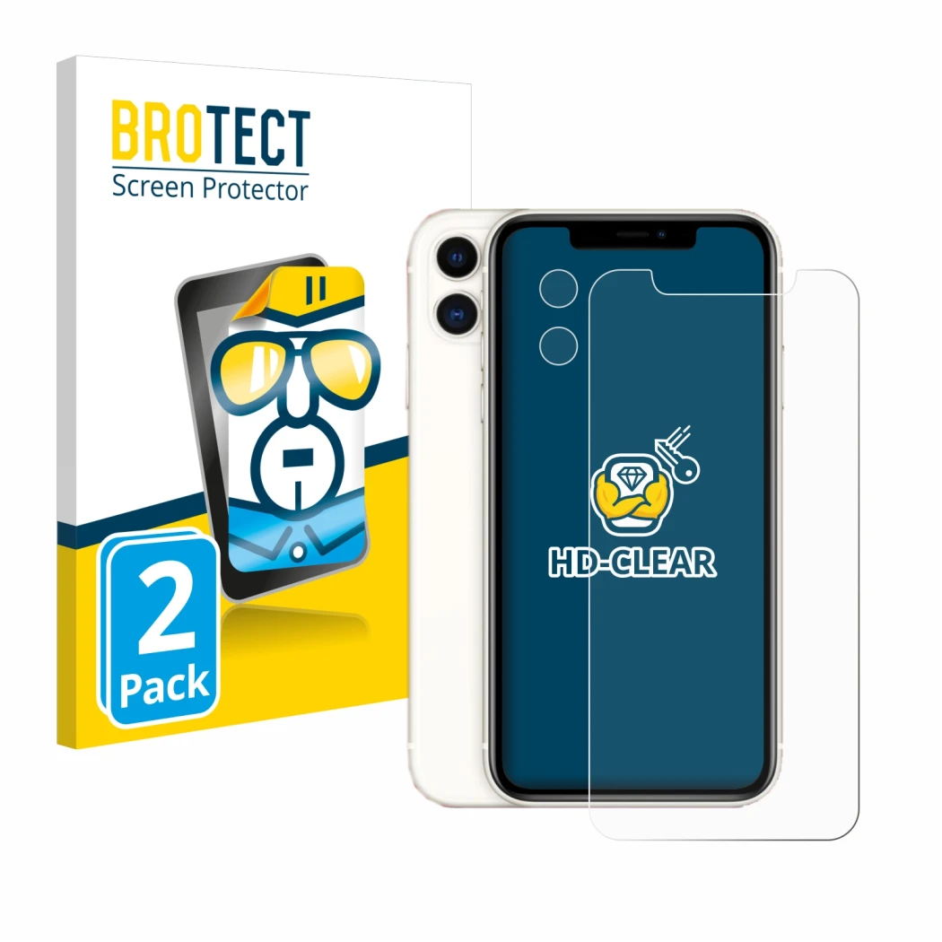 Front side of a product packaging with the brand logo BROTECT. Next to it is the device Apple iPhone 11 (Front+Camera) shown w