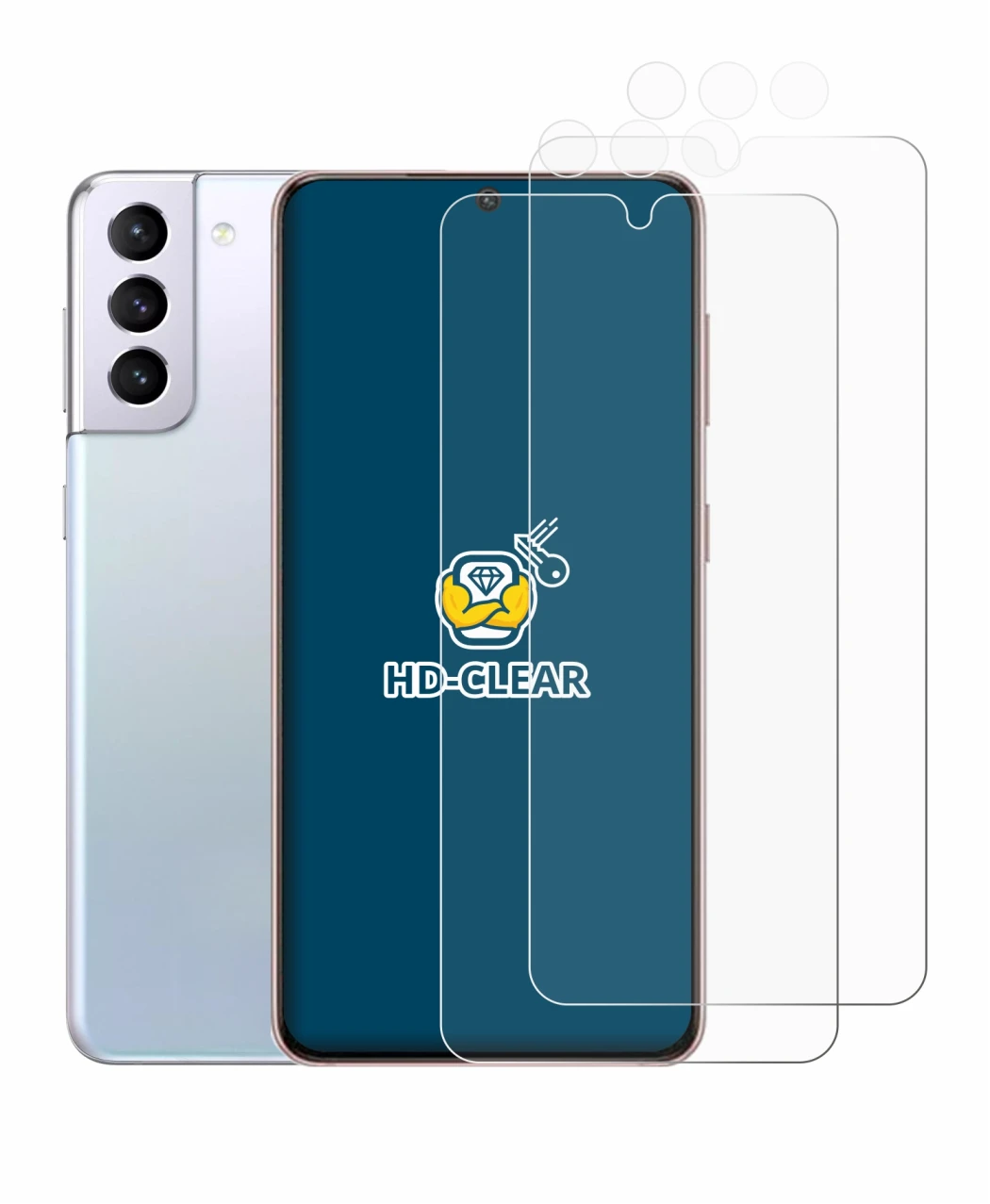Image of the device Samsung Galaxy S21 (Front+Camera) with a wide variety of screen protectors.