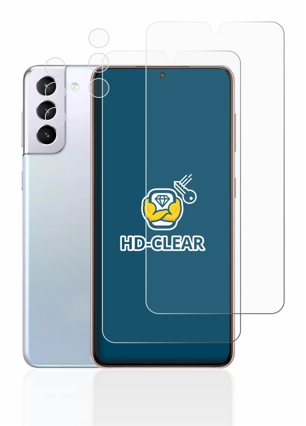 Image of the device Samsung Galaxy S21 5G (Front+Camera) with a wide variety of screen protectors.