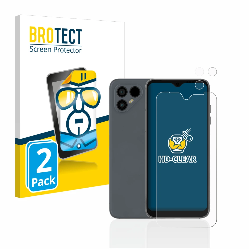 Front side of a product packaging with the brand logo BROTECT. Next to it is the device Fairphone 4 (Front+Camera) shown with 