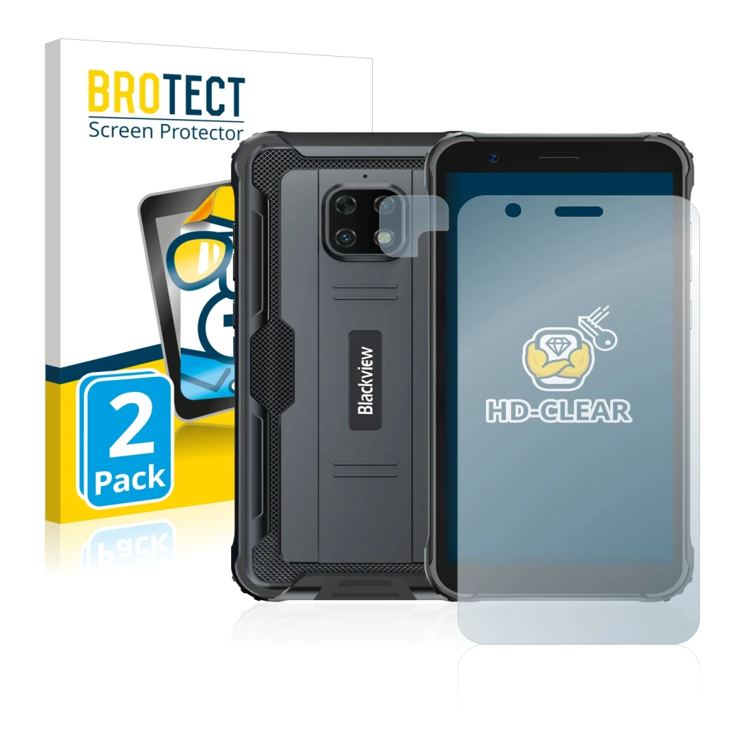 Front side of a product packaging with the brand logo BROTECT. Next to it is the device Blackview BV4900S (Front+Camera) shown