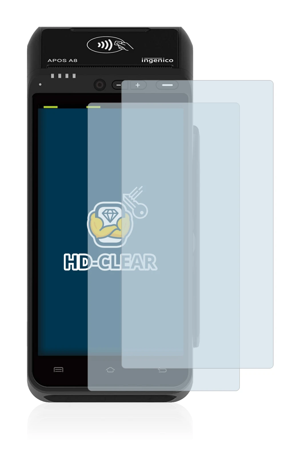 Image of the device ingenico Apos A8 with a wide variety of screen protectors.