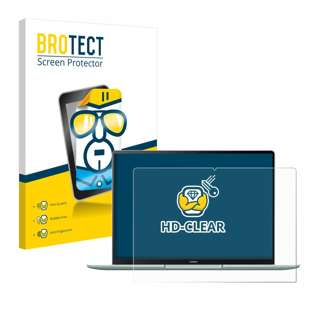 Front side of a product packaging with the brand logo BROTECT. Next to it is the device Huawei MateBook 14s shown with the cor