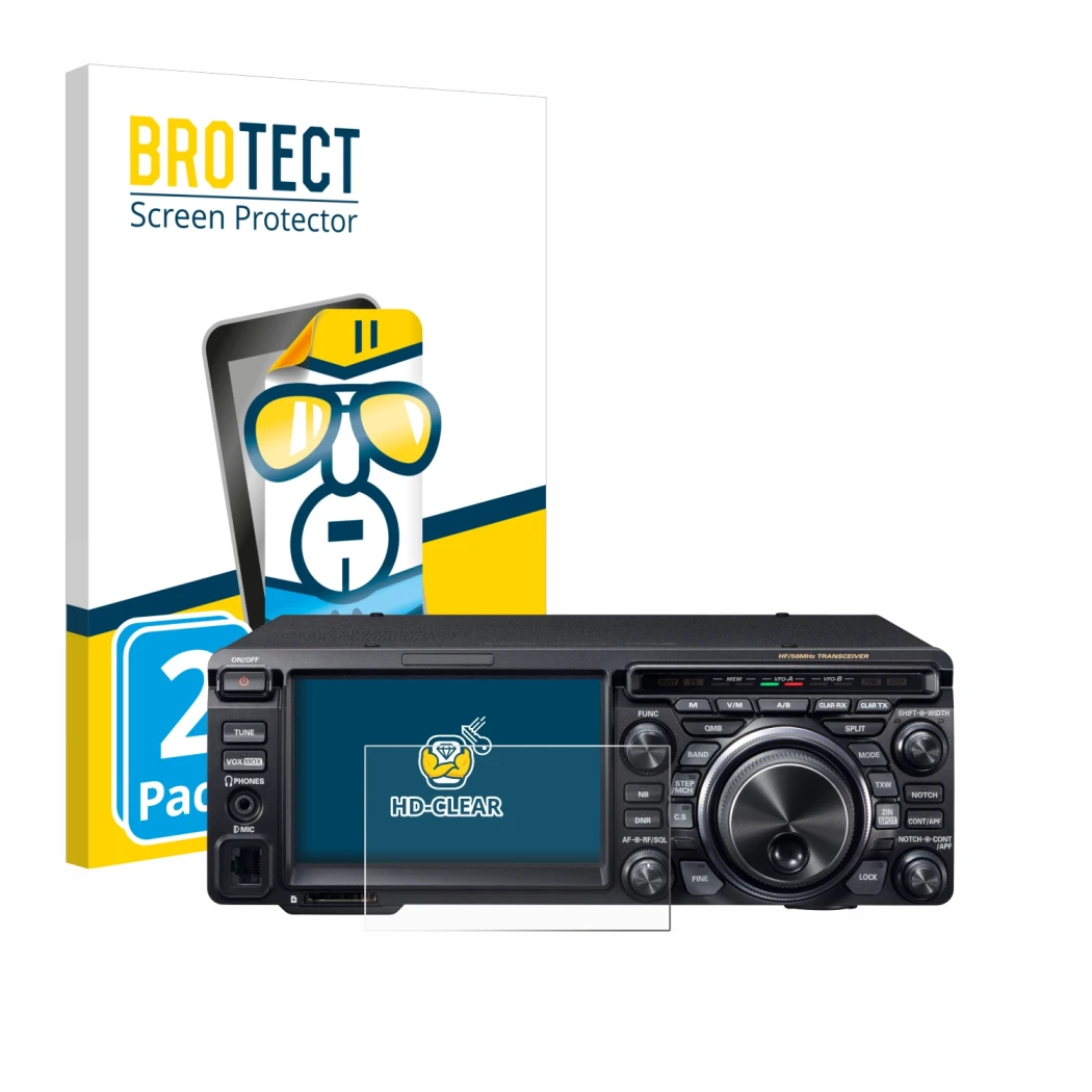 Front side of a product packaging with the brand logo BROTECT. Next to it is the device Yaesu FT-DX10 shown with the correspon