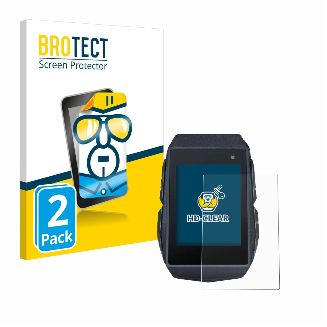 Front side of a product packaging with the brand logo BROTECT. Next to it is the device Sigma ROX 11.1 Evo shown with the corr