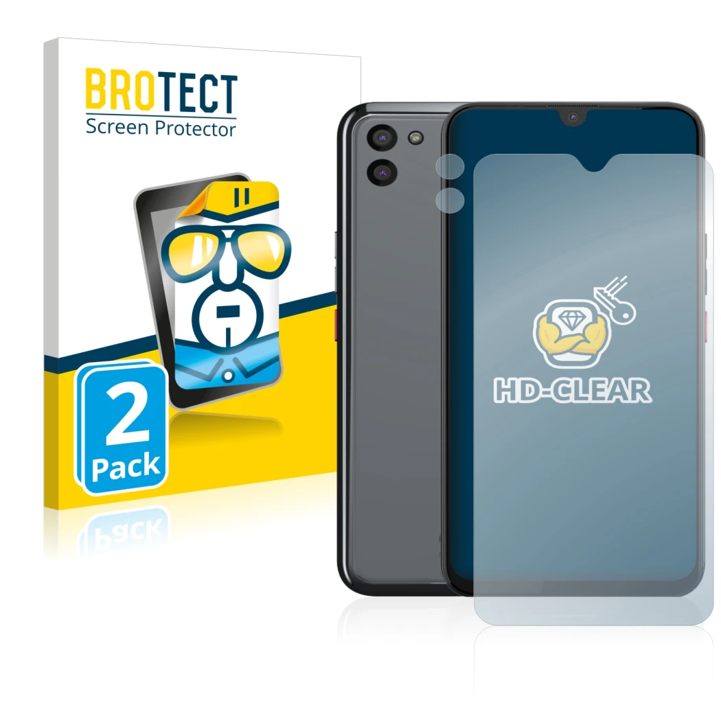 Front side of a product packaging with the brand logo BROTECT. Next to it is the device Gigaset GS5 (Front+Camera) shown with