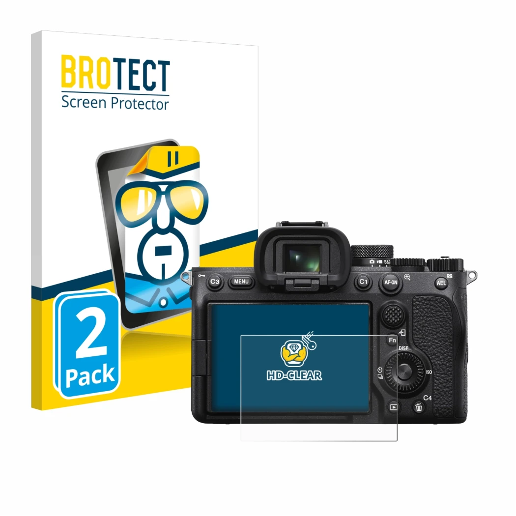 Front side of a product packaging with the brand logo BROTECT. Next to it is the device Sony Alpha 7 IV shown with the corresp