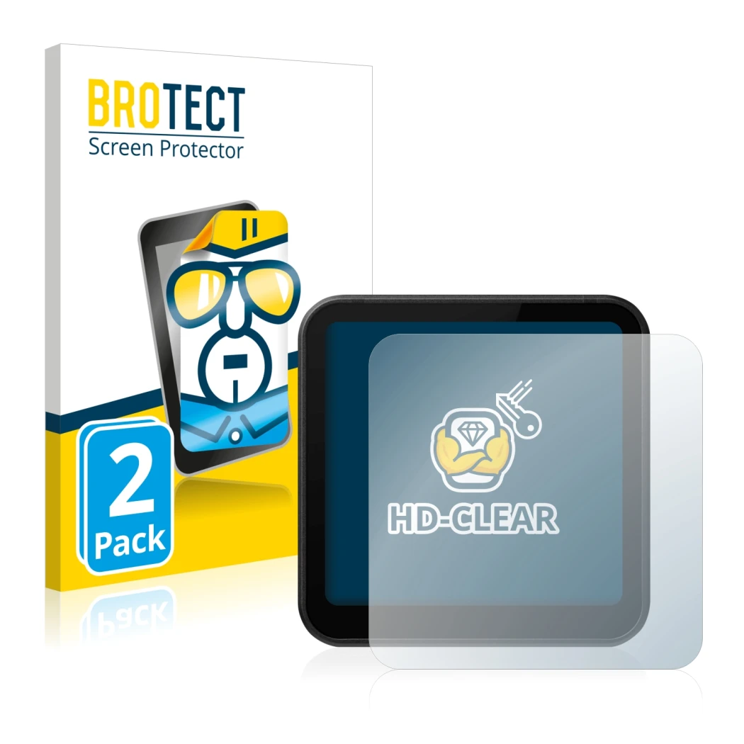 Front side of a product packaging with the brand logo BROTECT. Next to it is the device DJI Action 2 shown with the correspond