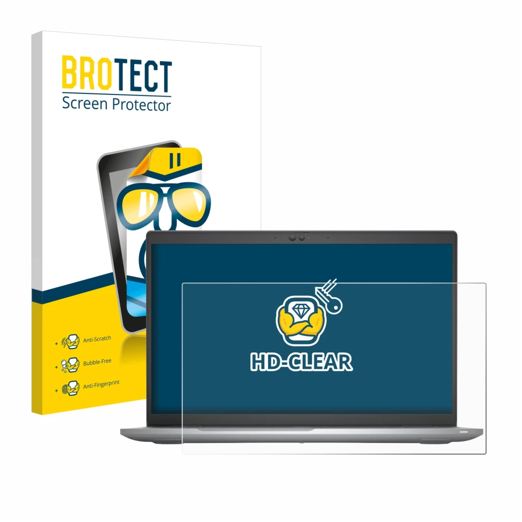 Front side of a product packaging with the brand logo BROTECT. Next to it is the device Dell Latitude 5520 shown with the corr