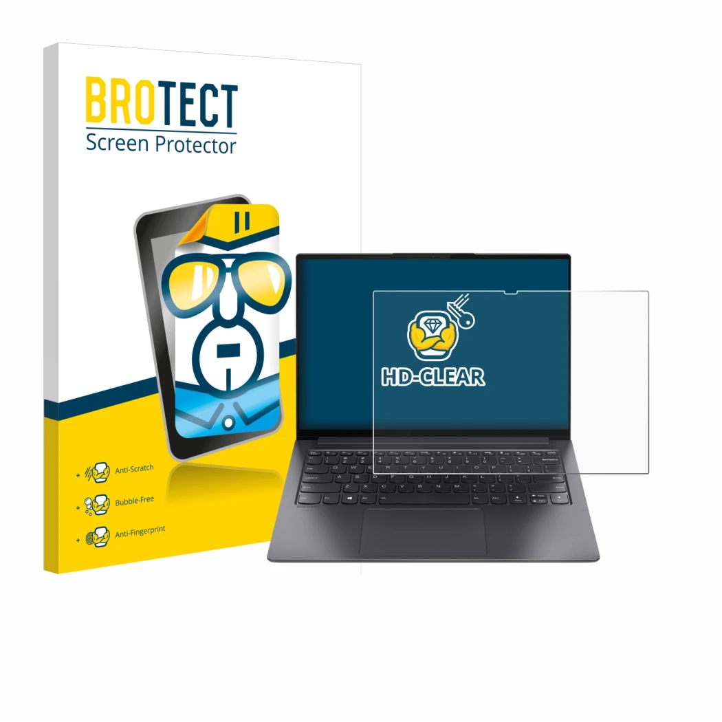 Front side of a product packaging with the brand logo BROTECT. Next to it is the device Lenovo Yoga Slim 7 Pro 14