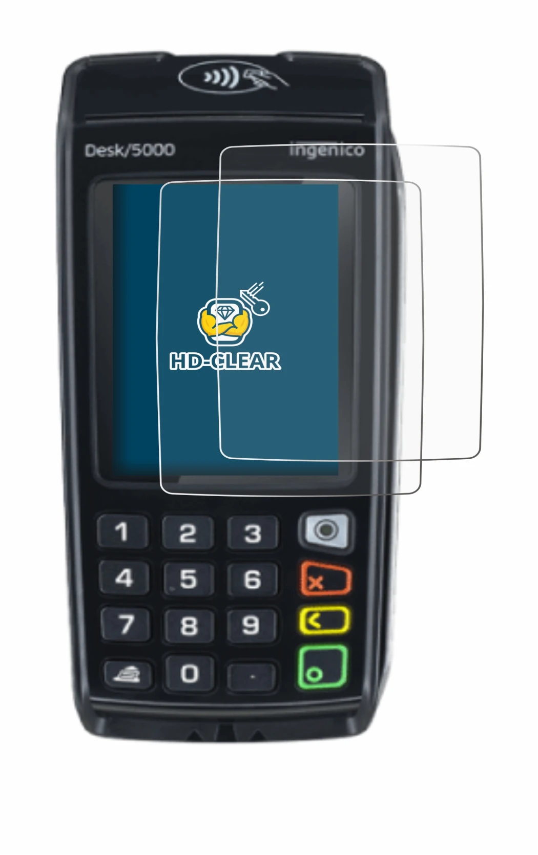 Image of the device ingenico Desk/5000 with a wide variety of screen protectors.