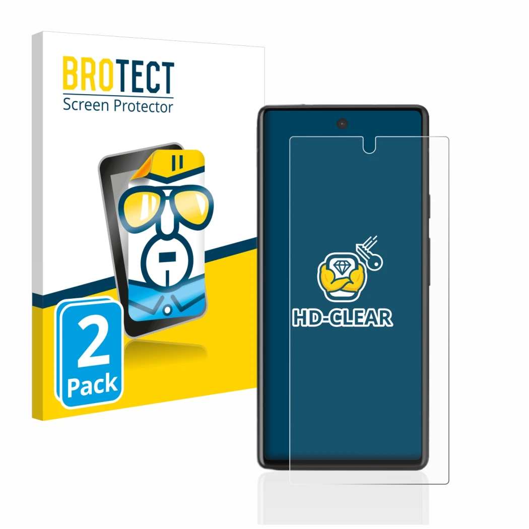 Front side of a product packaging with the brand logo BROTECT. Next to it is the device Google Pixel 6a shown with the corresp