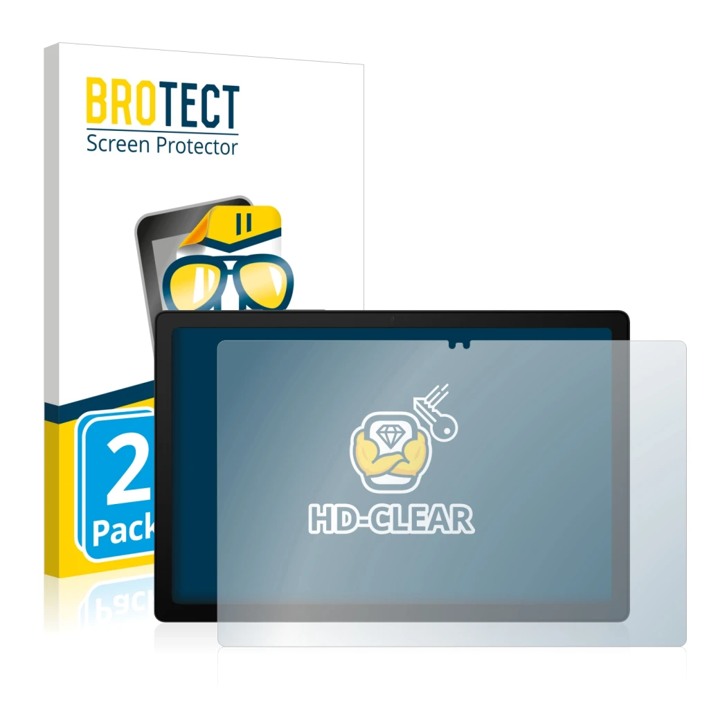 Front side of a product packaging with the brand logo BROTECT. Next to it is the device Samsung Galaxy Tab A8 LTE shown with t