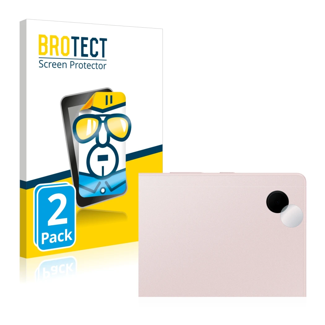Front side of a product packaging with the brand logo BROTECT. Next to it is the device Samsung Galaxy Tab A8 WiFi (ONLY Camer