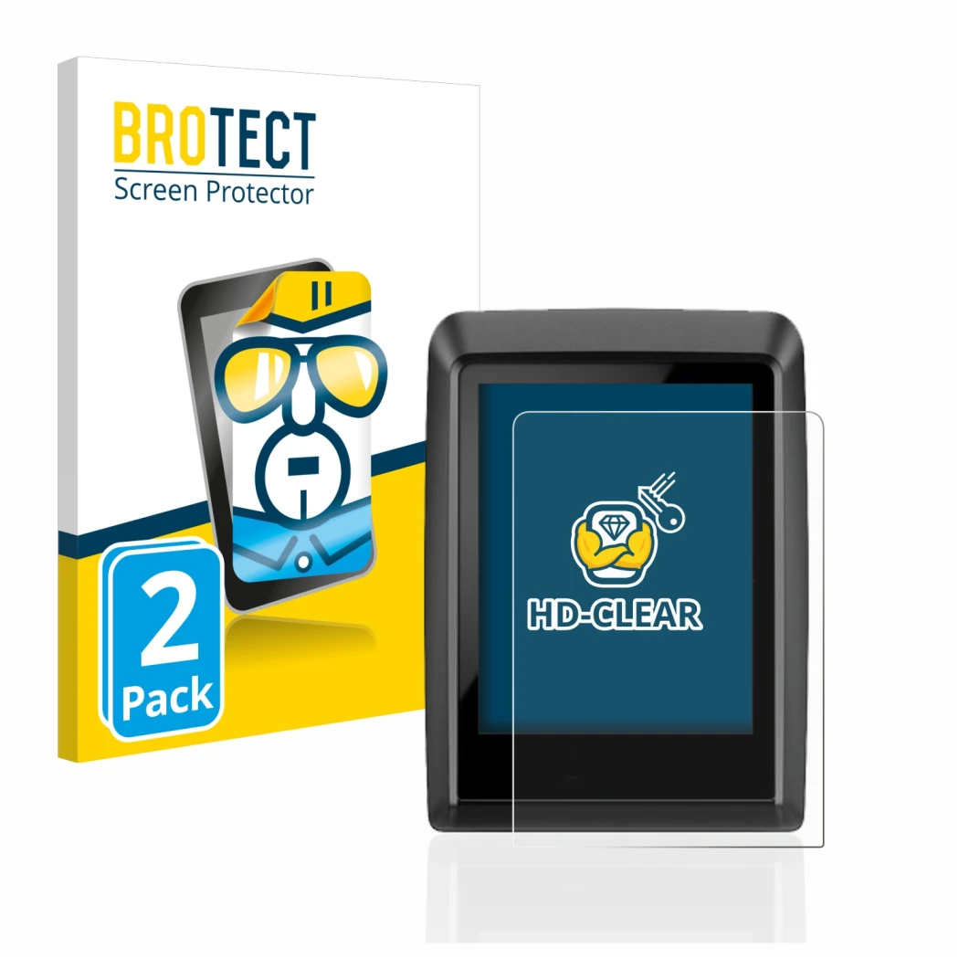 Front side of a product packaging with the brand logo BROTECT. Next to it is the device Bosch Kiox 300 shown with the correspo