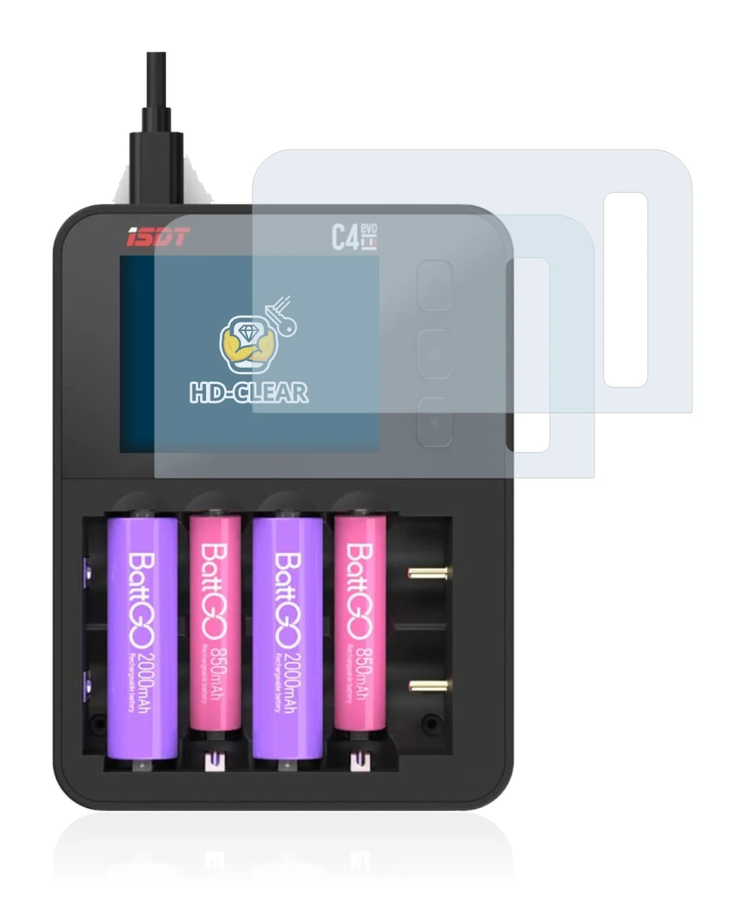 Image of the device ISDT C4 Evo with a wide variety of screen protectors.