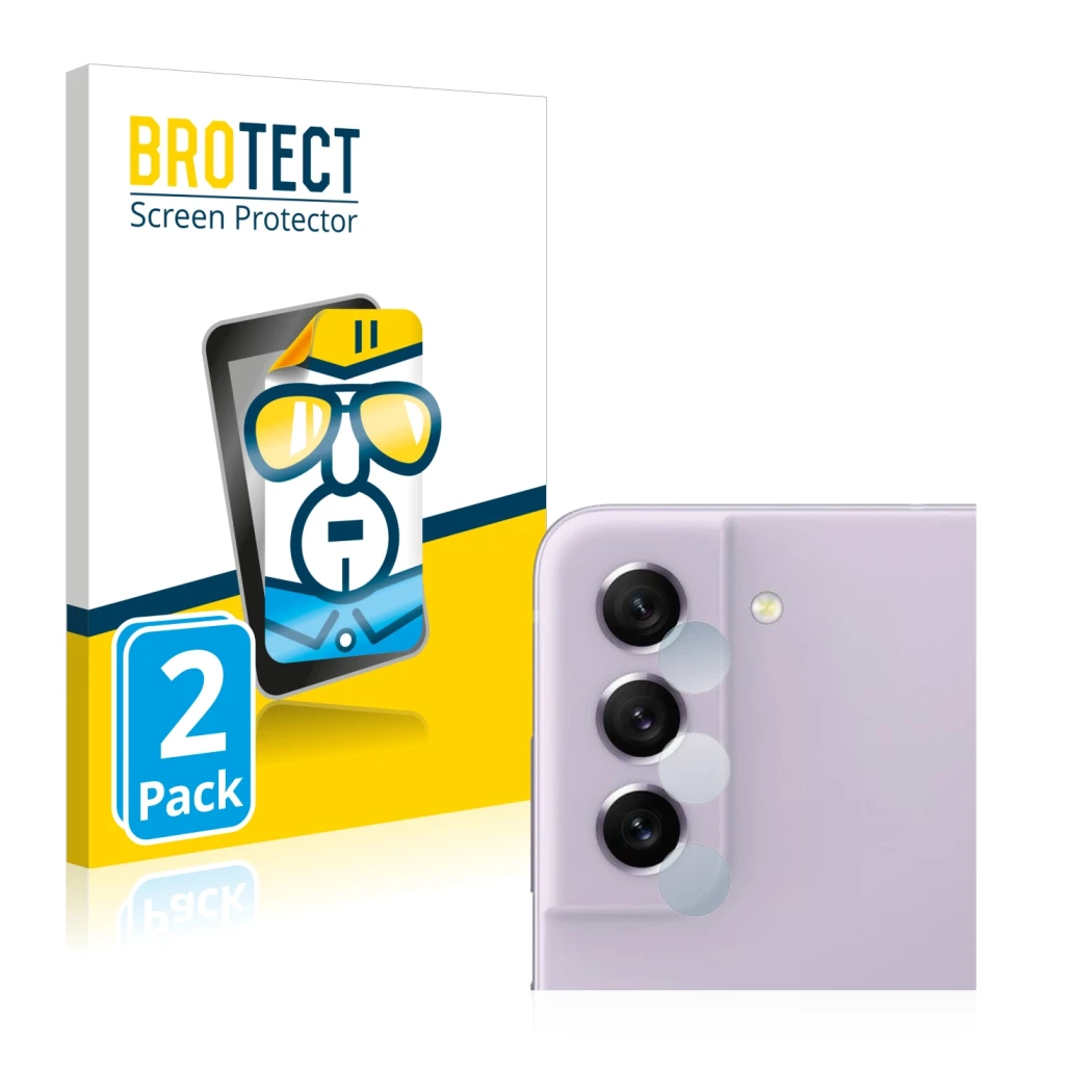 Front side of a product packaging with the brand logo BROTECT. Next to it is the device Samsung Galaxy S21 FE 5G (ONLY Camera 