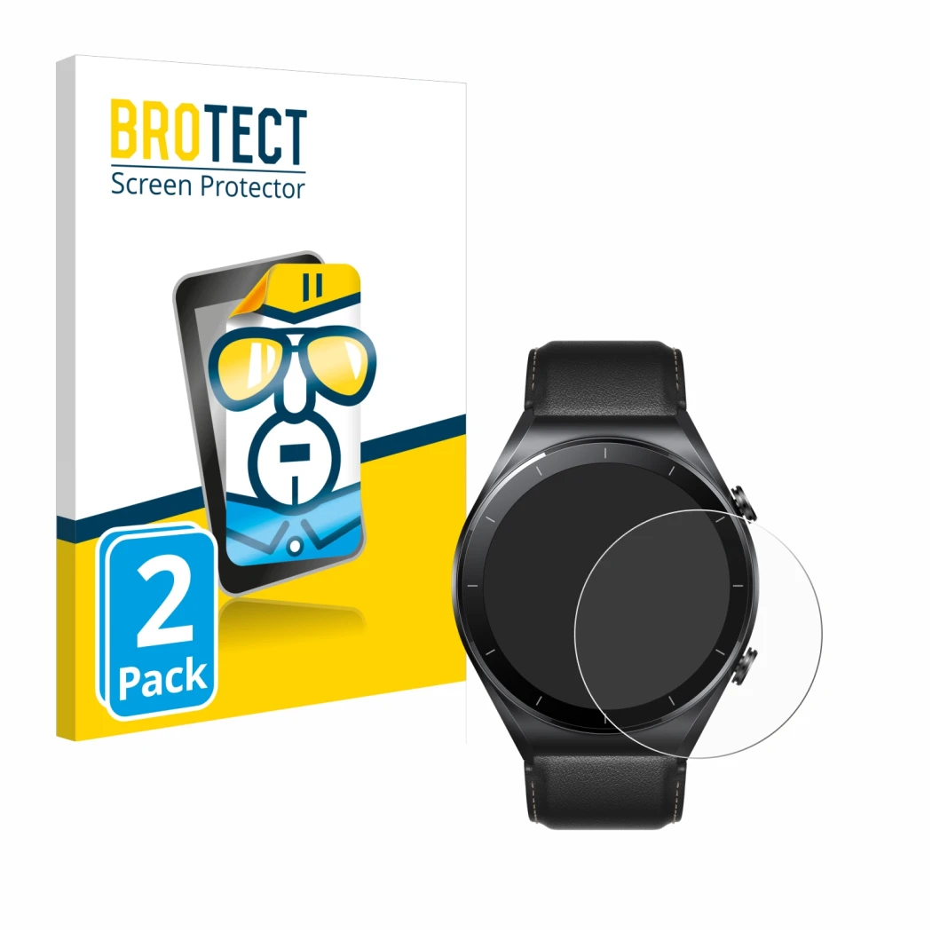 Front side of a product packaging with the brand logo BROTECT. Next to it is the device Xiaomi Watch S1 shown with the corresp
