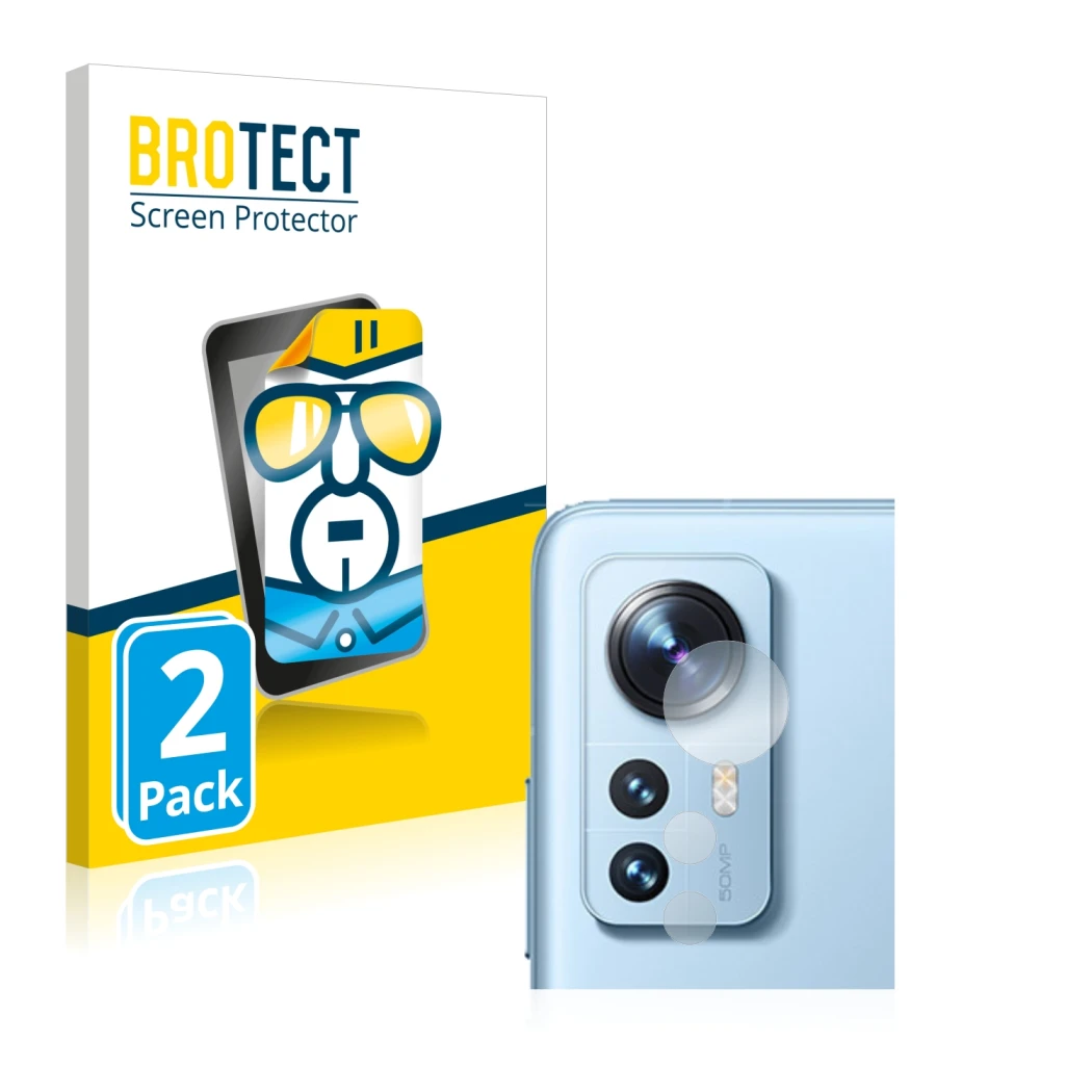 Front side of a product packaging with the brand logo BROTECT. Next to it is the device Xiaomi 12 (ONLY Camera Lens) shown wit