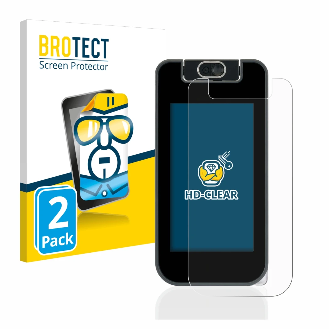 Front side of a product packaging with the brand logo BROTECT. Next to it is the device Vtech Kidicom Advance 3.0 shown with t
