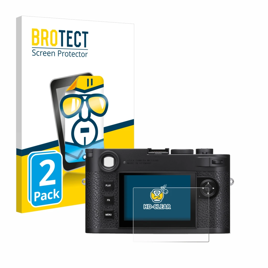 Front side of a product packaging with the brand logo BROTECT. Next to it is the device Leica M11 shown with the corresponding